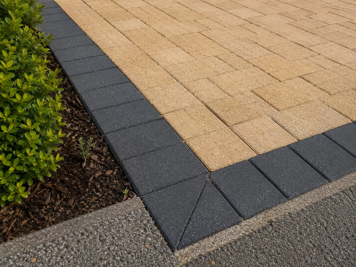 Close detail of buff block paving with a charcoal block border beside a planted bed