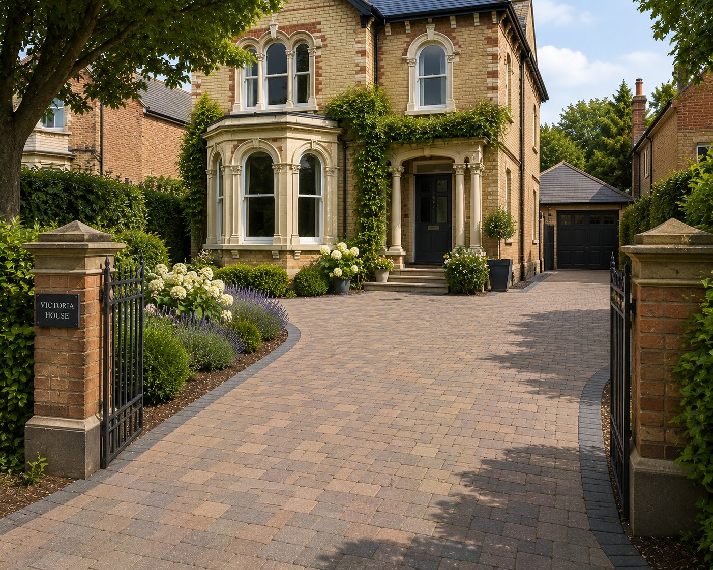 Block paving driveway with charcoal border at a Victorian villa with bay windows