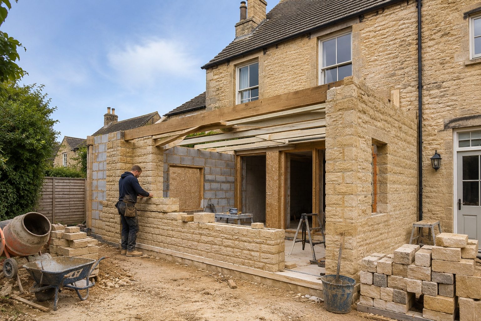 Builder working on a brick extension in Kettering