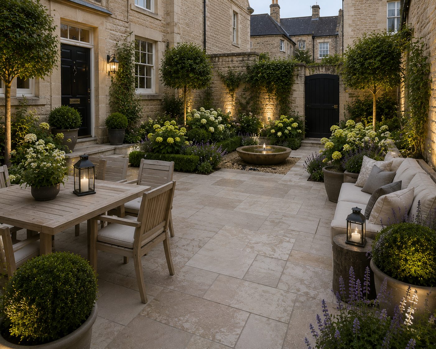 Walled courtyard garden with porcelain paving, water bowl and lit planting in Rutland