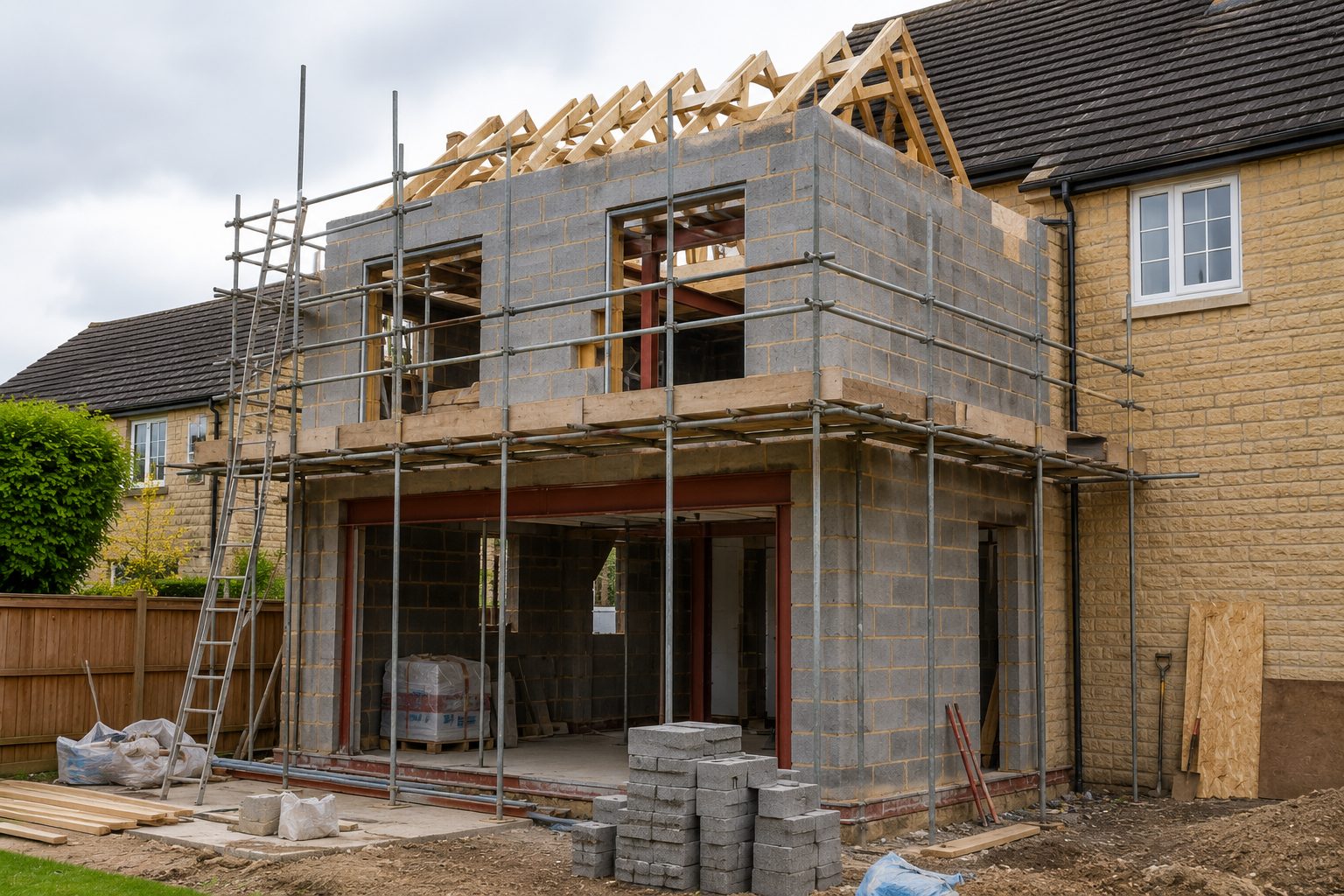 Double storey extension under construction in Oakham