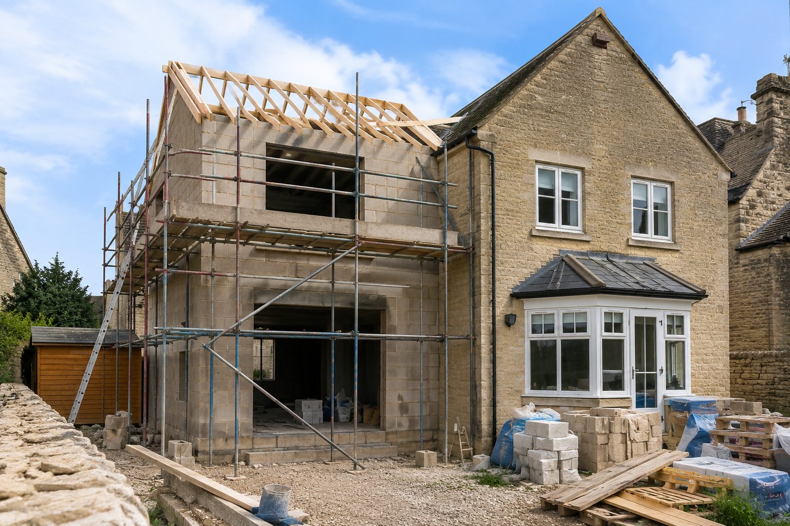 Double storey side extension under construction at a Stamford home