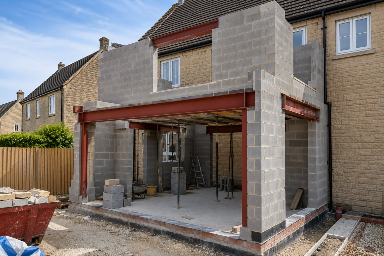 Blockwork and steelwork on an Oakham extension
