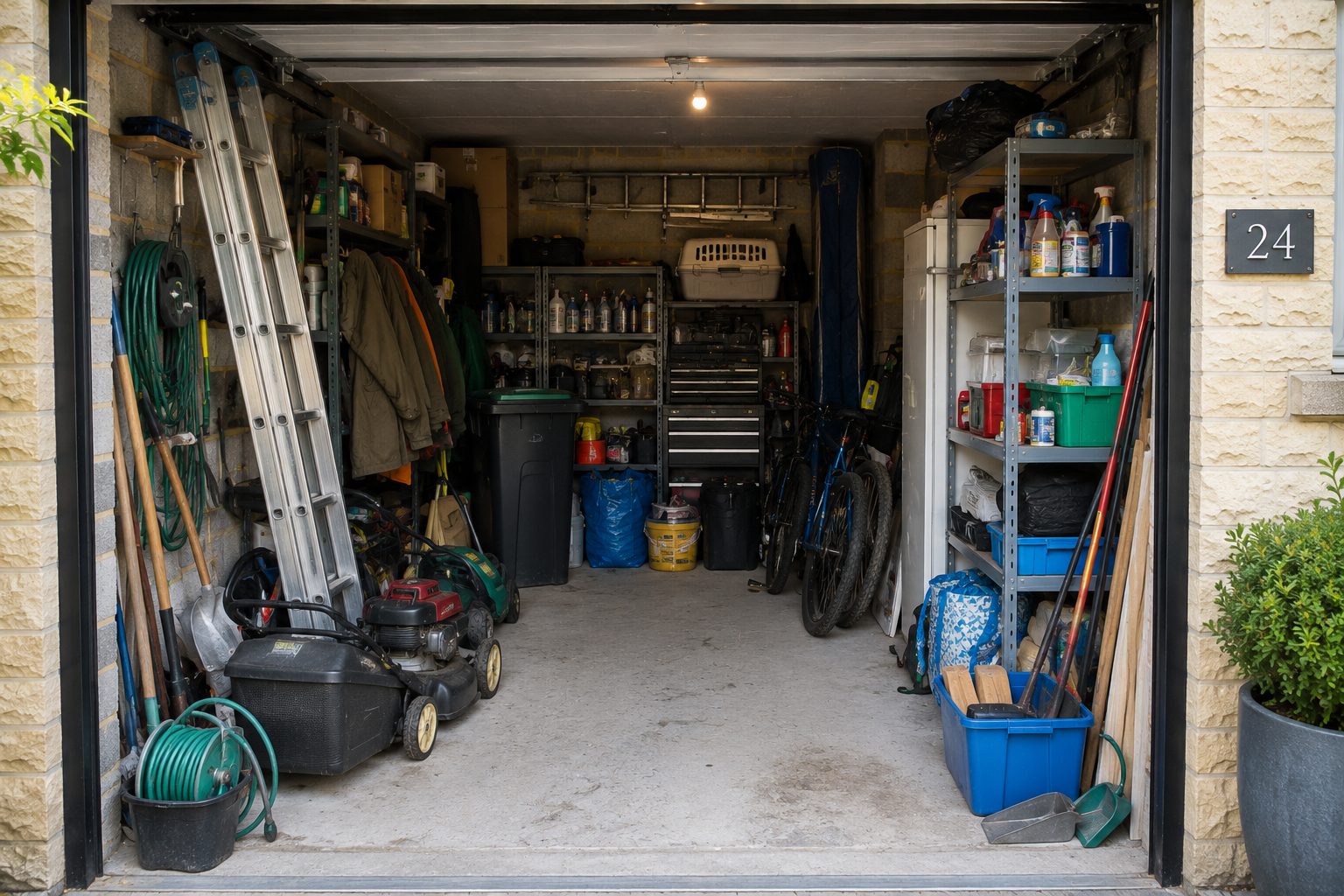 Cluttered garage before conversion