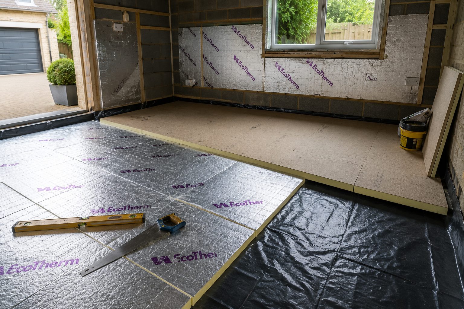 Insulated and damp-proofed floor being laid in a garage conversion