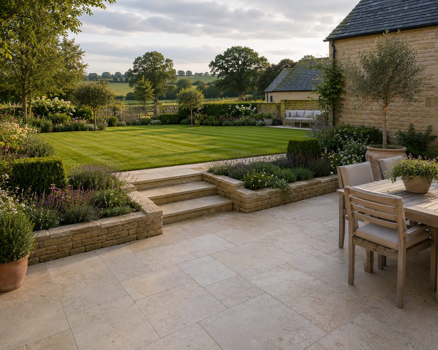 Landscaped garden with lawn, stone terrace and planted beds backing onto countryside