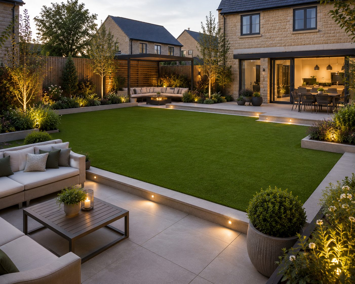 Complete garden transformation with lawn, porcelain patio and lit planting at dusk