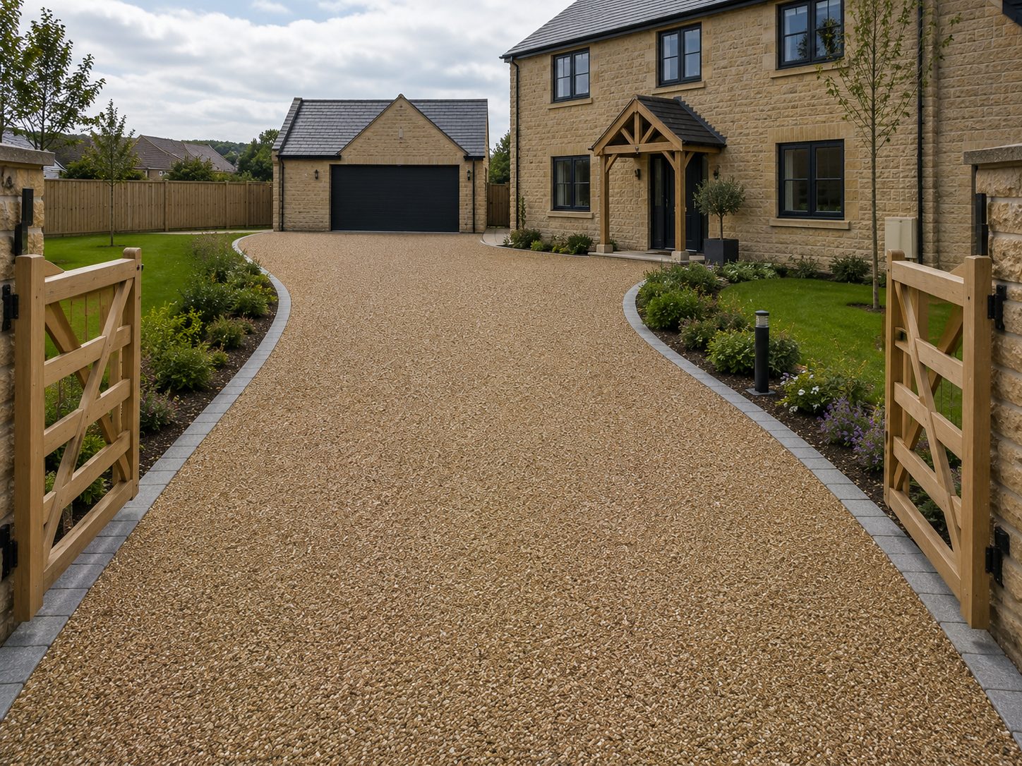Bound gravel driveway with timber gate at a stone country house in Rutland