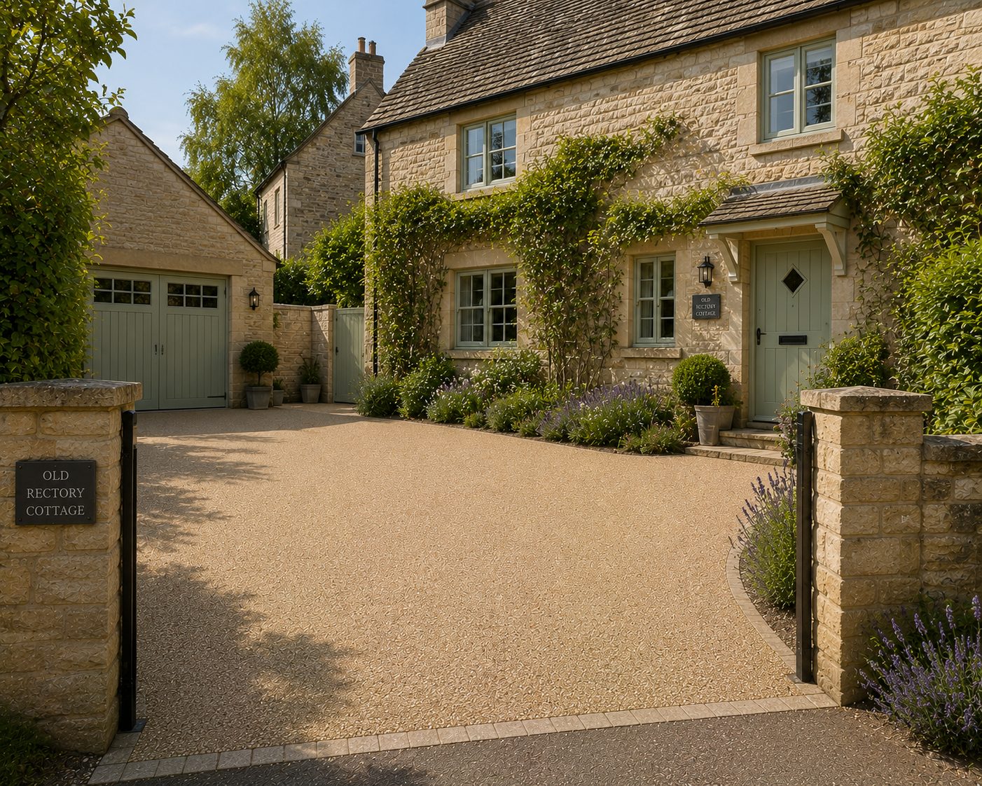 Bound gravel driveway at a stone cottage with green door and garage in a Rutland village