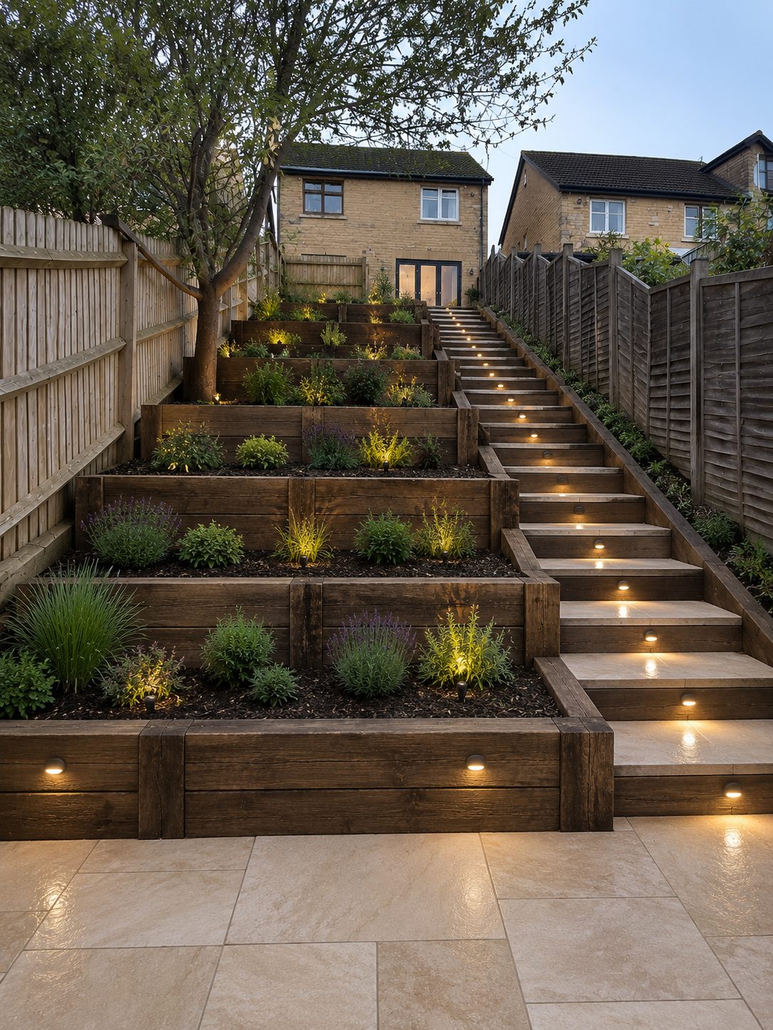 Sleeper retaining terraces with lit steps and planting in a Rutland garden at dusk