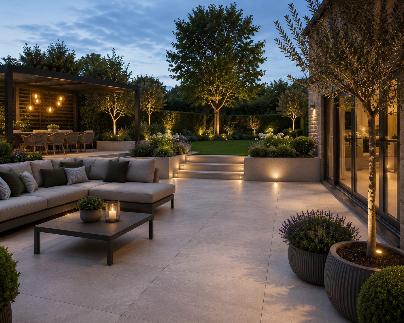 Evening view of a landscaped Rutland garden with porcelain patio, lit steps, pergola seating area and olive trees