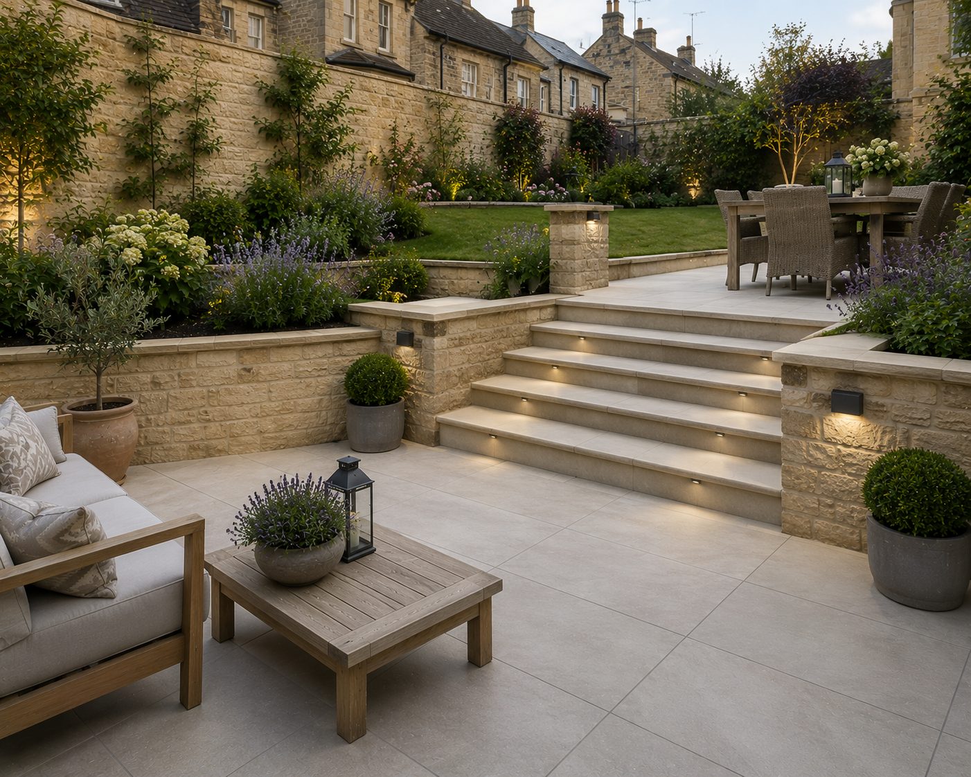 Porcelain patio with stone steps and planted terraces in a stone cottage garden