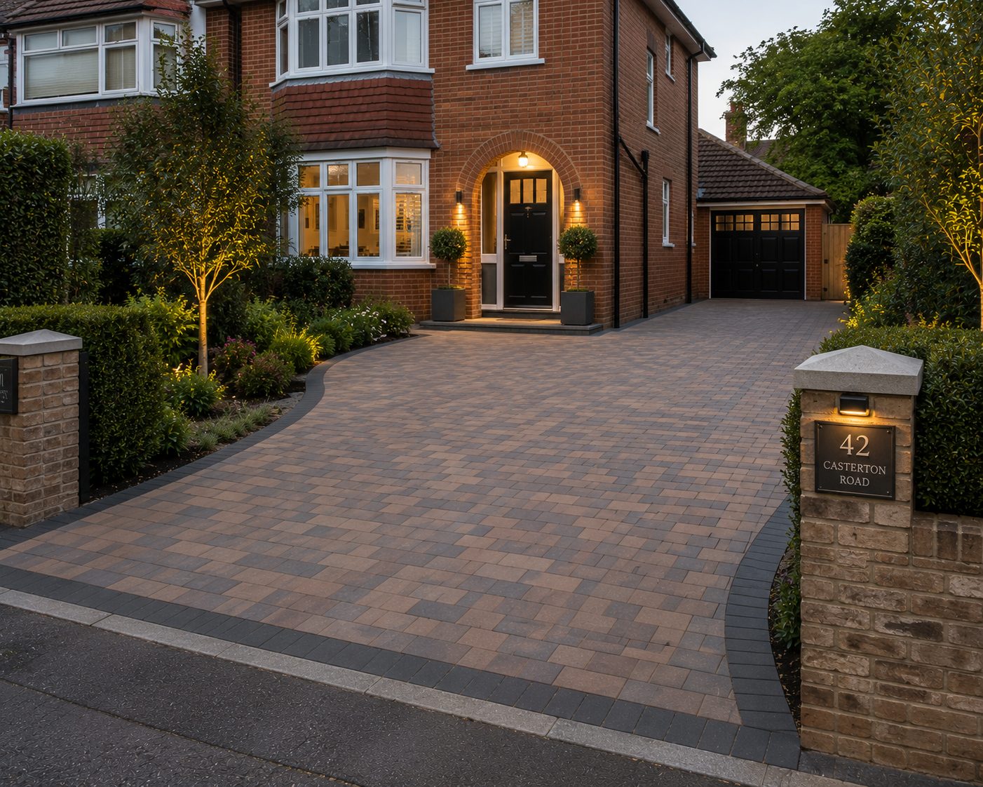 Block paving driveway with tumbled blocks at a brick and stone home at dusk