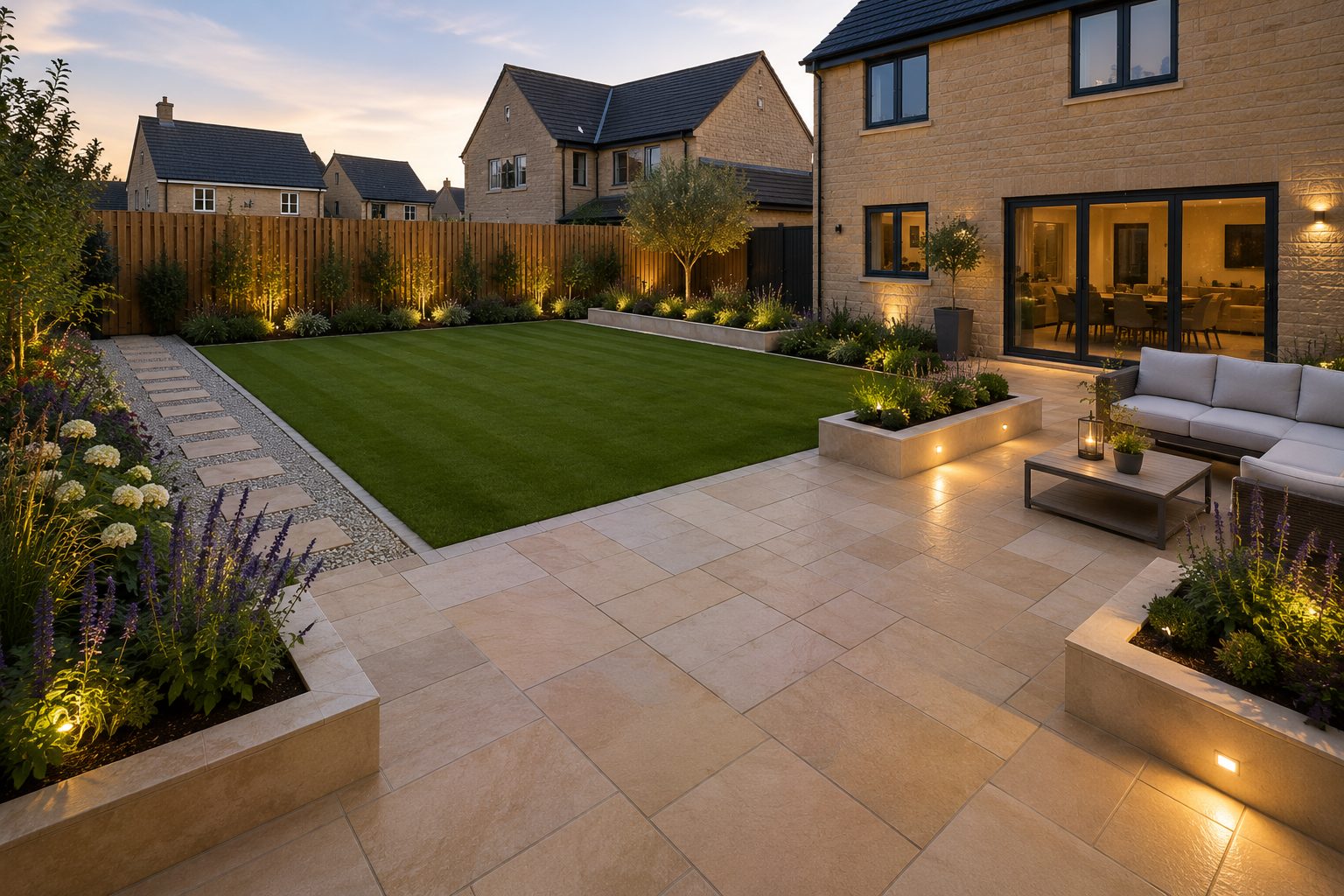 Pale porcelain patio with lawn, raised beds and lighting at dusk in a Rutland garden