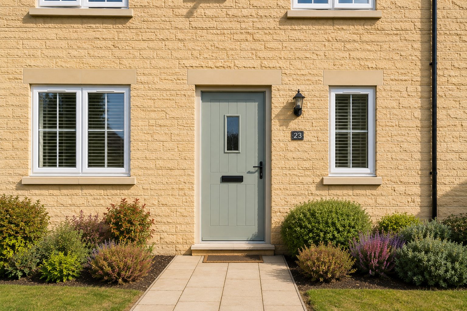 Exposed front entrance before a porch