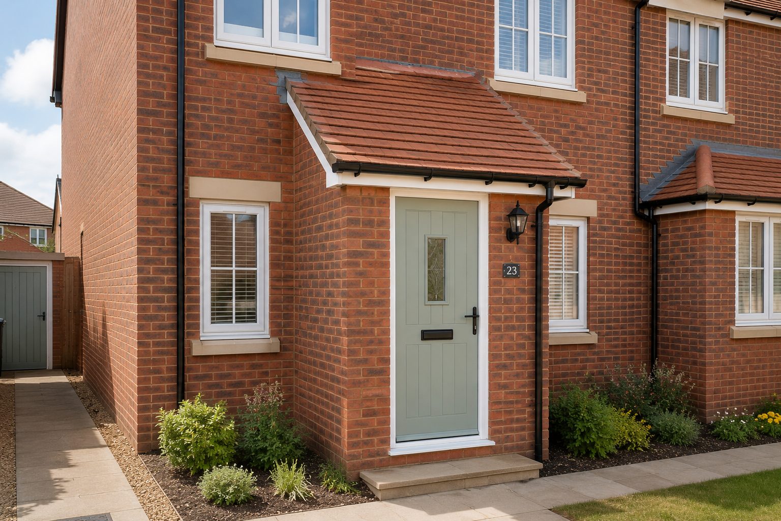 Brick porch with tiled roof on an Oakham semi