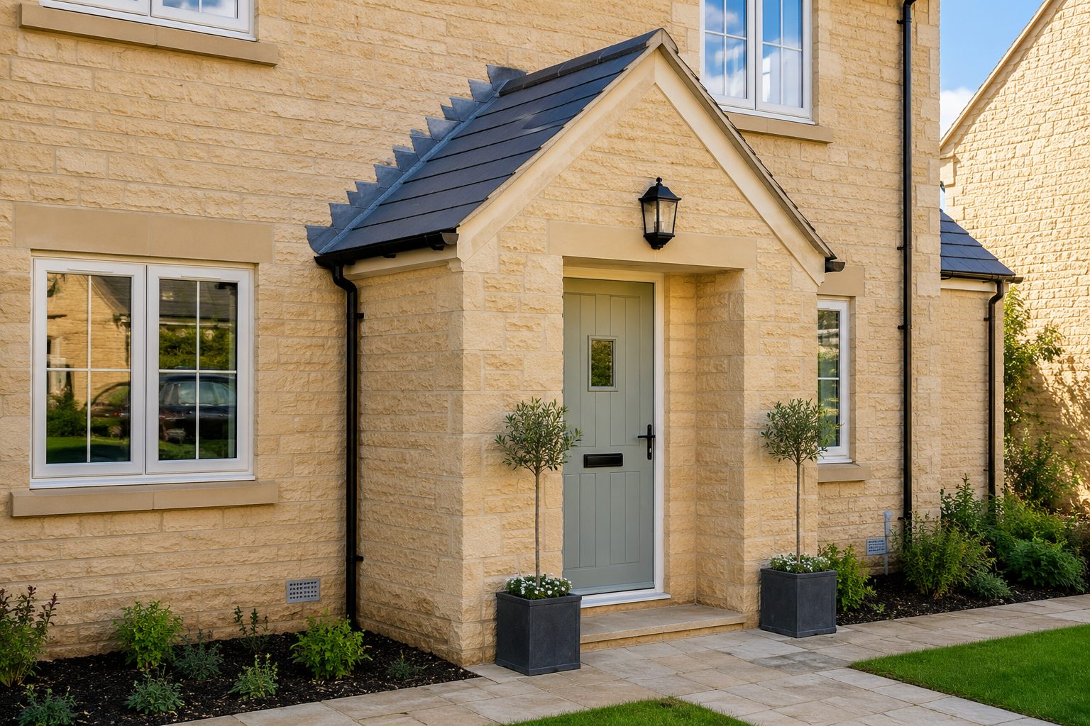 Brick porch with pitched roof on a Market Harborough home