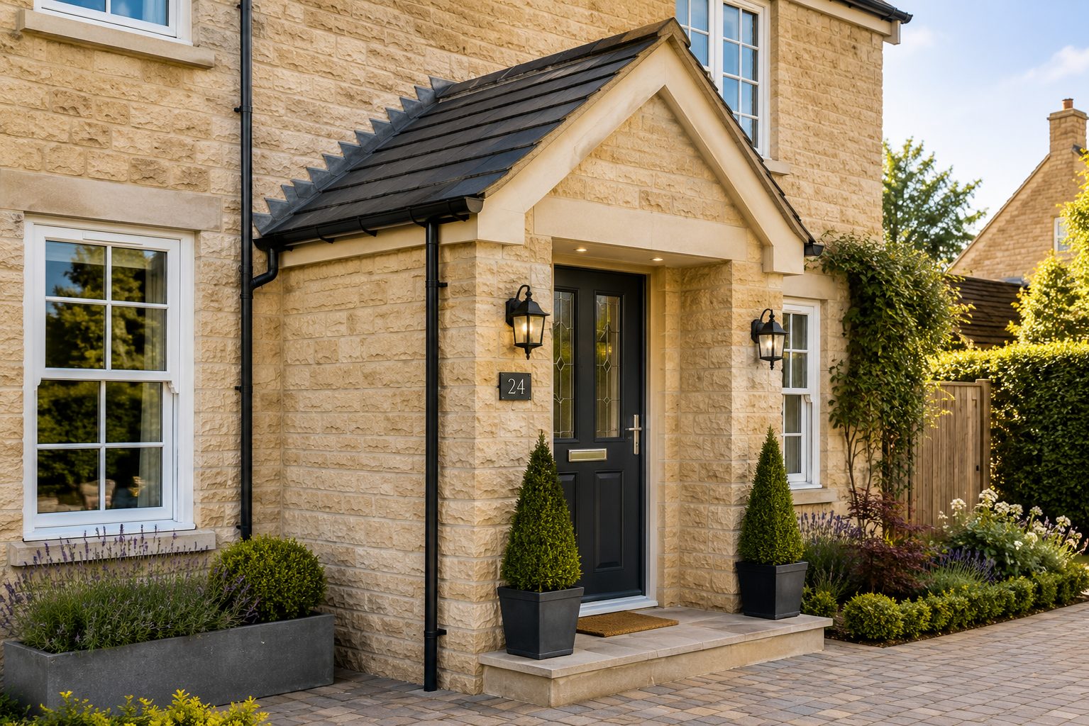 Stone-faced porch extension with pitched roof on a Stamford house