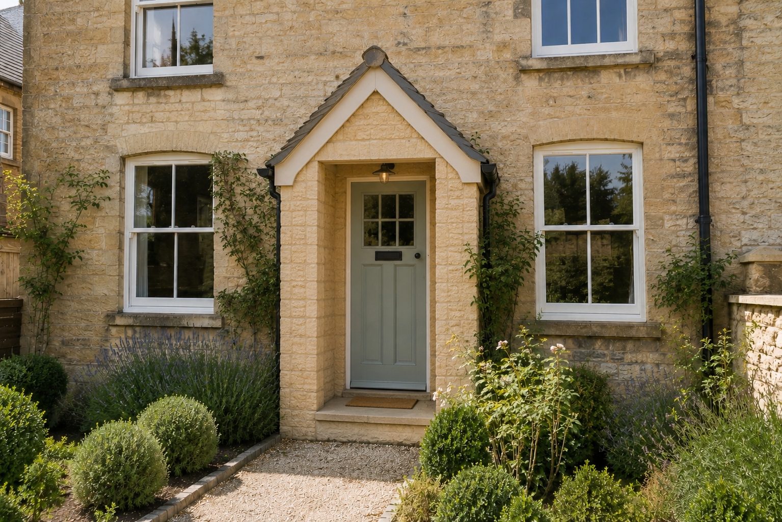 Stone porch with pitched roof on an Uppingham house