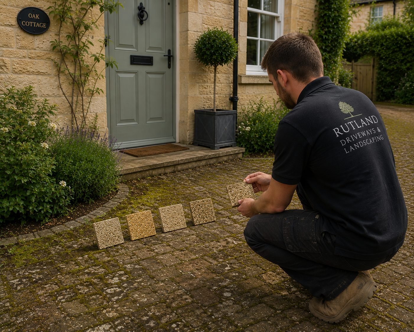 Rutland Driveways and Landscaping team member with resin sample trays at a stone cottage