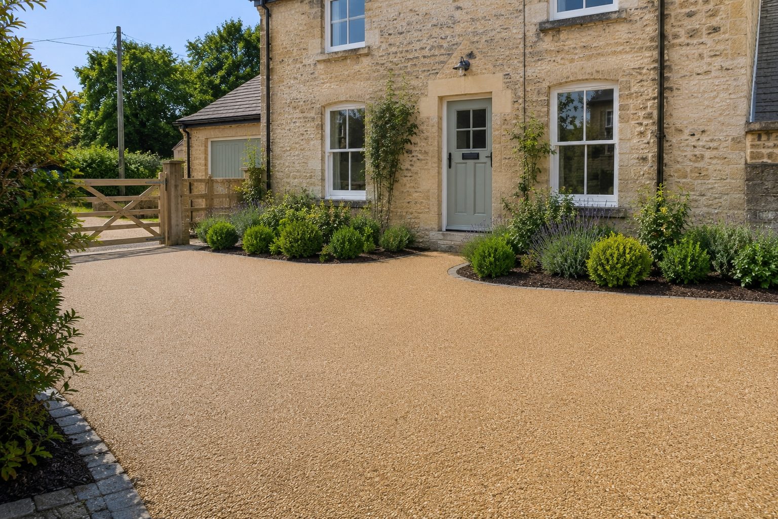 Golden resin bound driveway at a red-brick home in Kettering