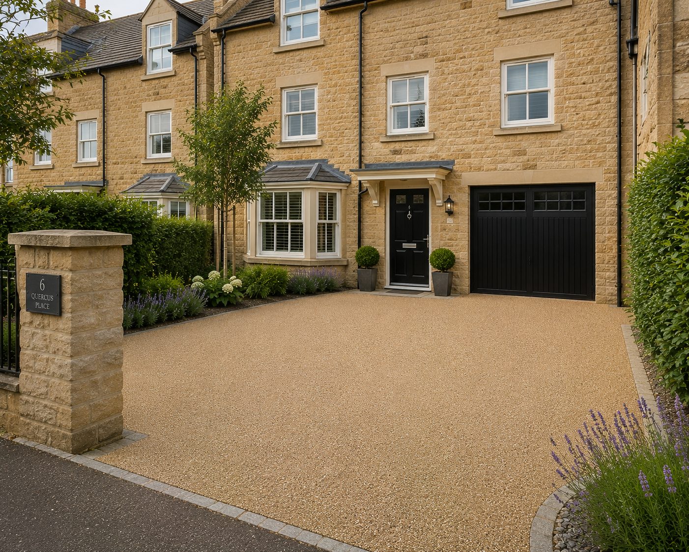 Golden resin bound driveway at a tall stone townhouse with black door in Rutland
