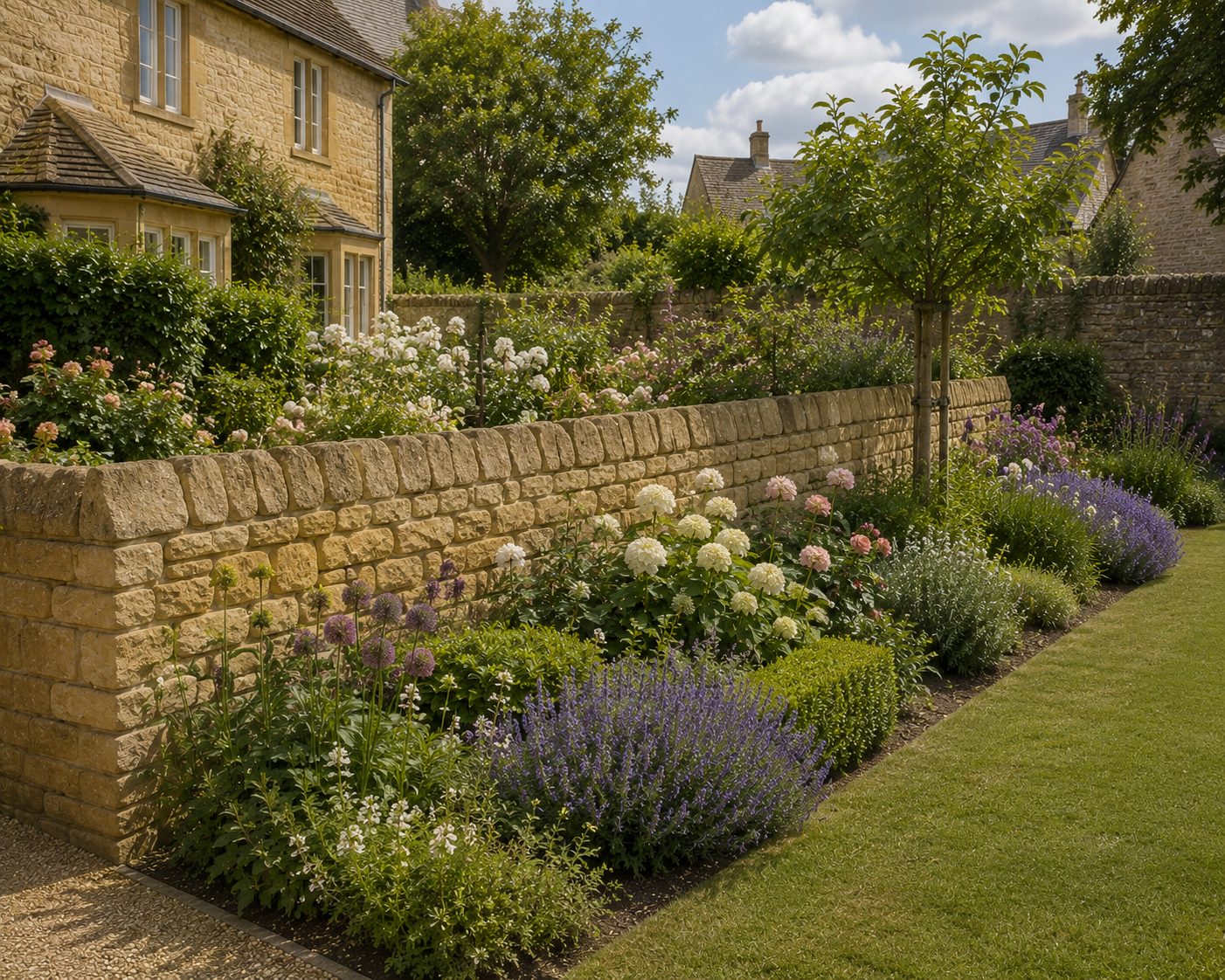 Coursed stone garden wall with stocked border and lawn in a Rutland village garden
