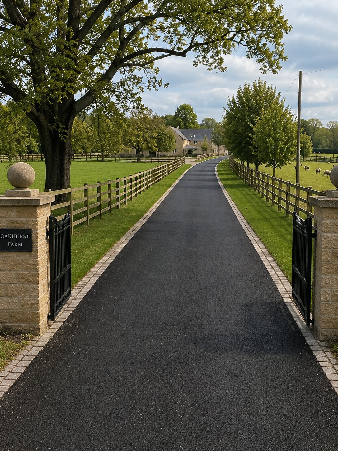Tarmac driveway with block edging running between paddock fencing to a country home