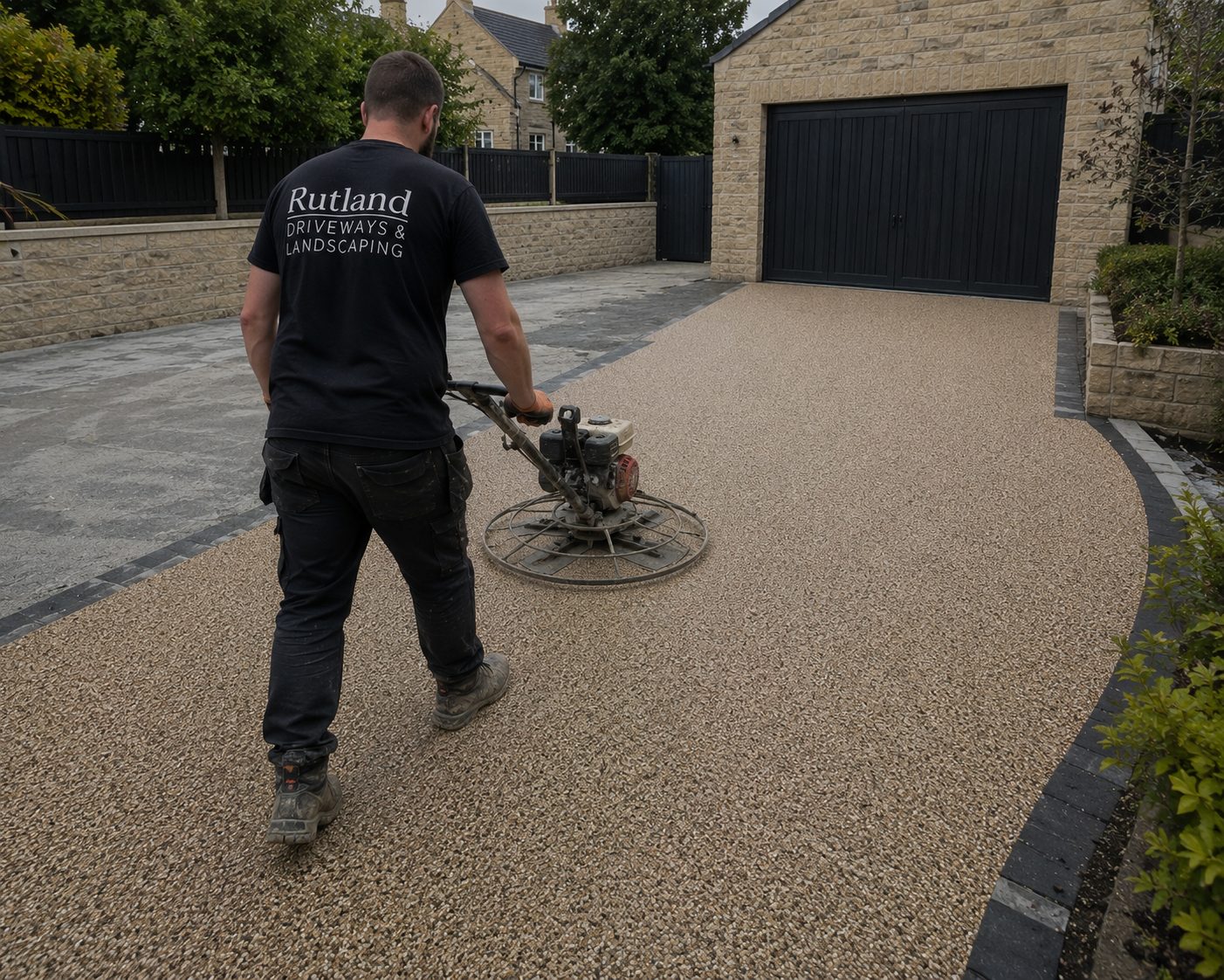 Rutland Driveways and Landscaping installer power floating a resin bound driveway